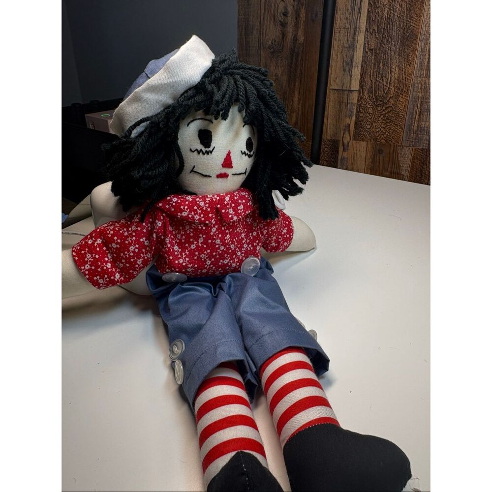 Vintage Handmade Rag Doll Black Yarn Hair Red Dress Primitive Folk Art Doll